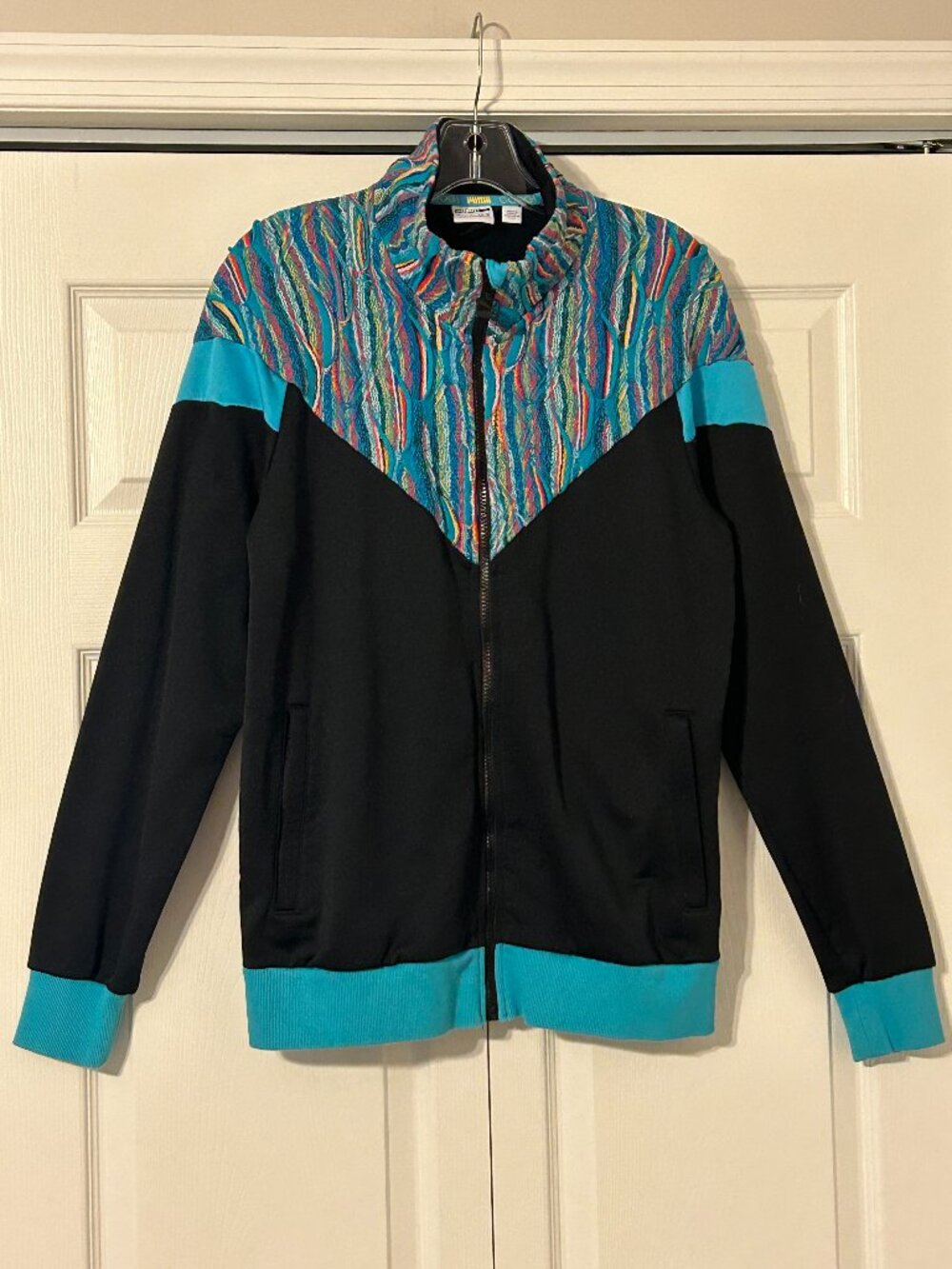 Mens PUMA x COOGI Sz M Black w/ Multi-Color Knit Full Zipper Track Jacket
